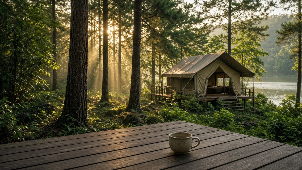 A canvas tent and a coffee cup on a deck in a sunlit pine forest.