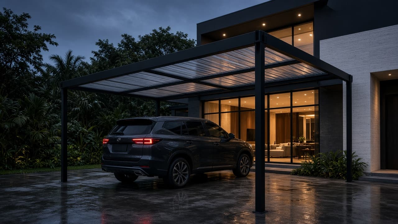 A black steel carport at dusk, with a car parked under a clear roof.